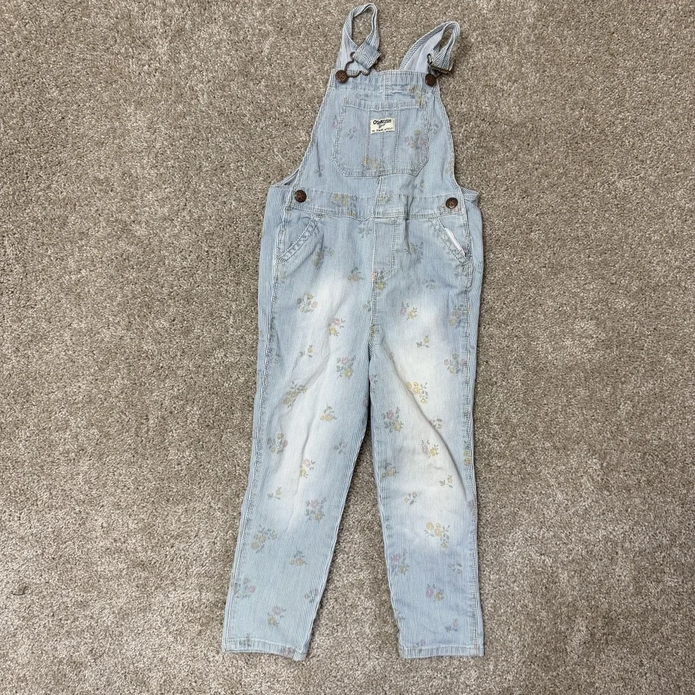 OshKosh B'gosh Overalls Girls 5T Blue Denim Floral Stripe Adjustable Casual